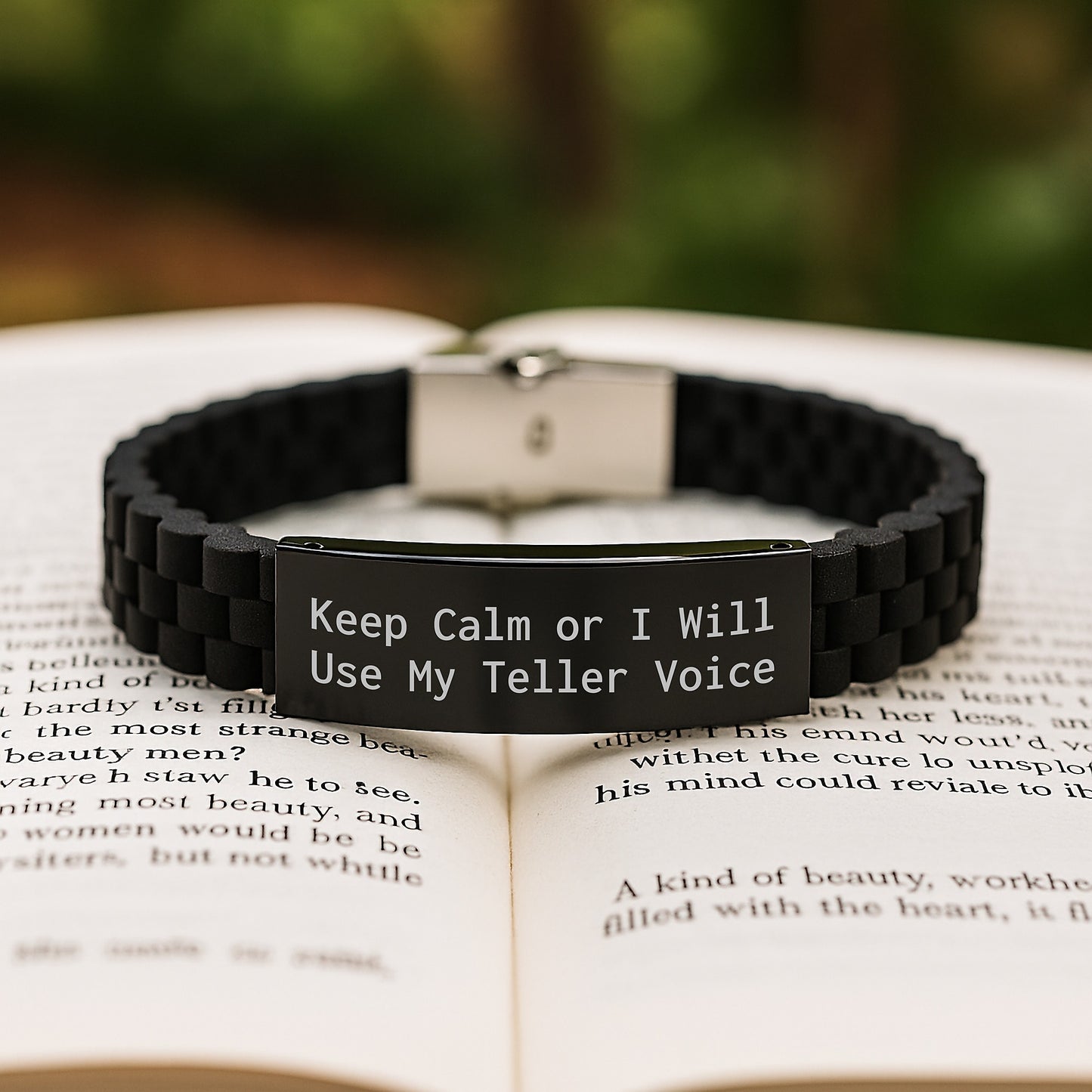 Teller Gifts from Friends - Funny Inspirational Glide lock Clasp Black Stainless Steel Silicone Adjustable Graduation Unique Gifts, 'Keep Calm Or I Will Use My Teller Voice' - Image 2