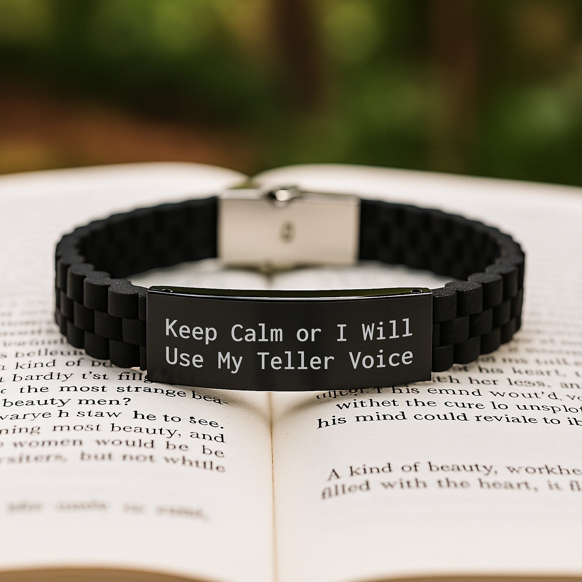Teller Gifts from Friends - Funny Inspirational Glide lock Clasp Black Stainless Steel Silicone Adjustable Graduation Unique Gifts, 'Keep Calm Or I Will Use My Teller Voice' - Image 2