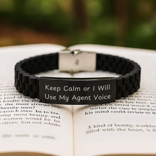 Funny Agent Gifts for Mom, Dad, or Friend - Keep Calm Or I'll Use My Agent Voice Glide lock Clasp Bracelet, Adjustable Silver Black Stainless Steel Silicone - Image 2