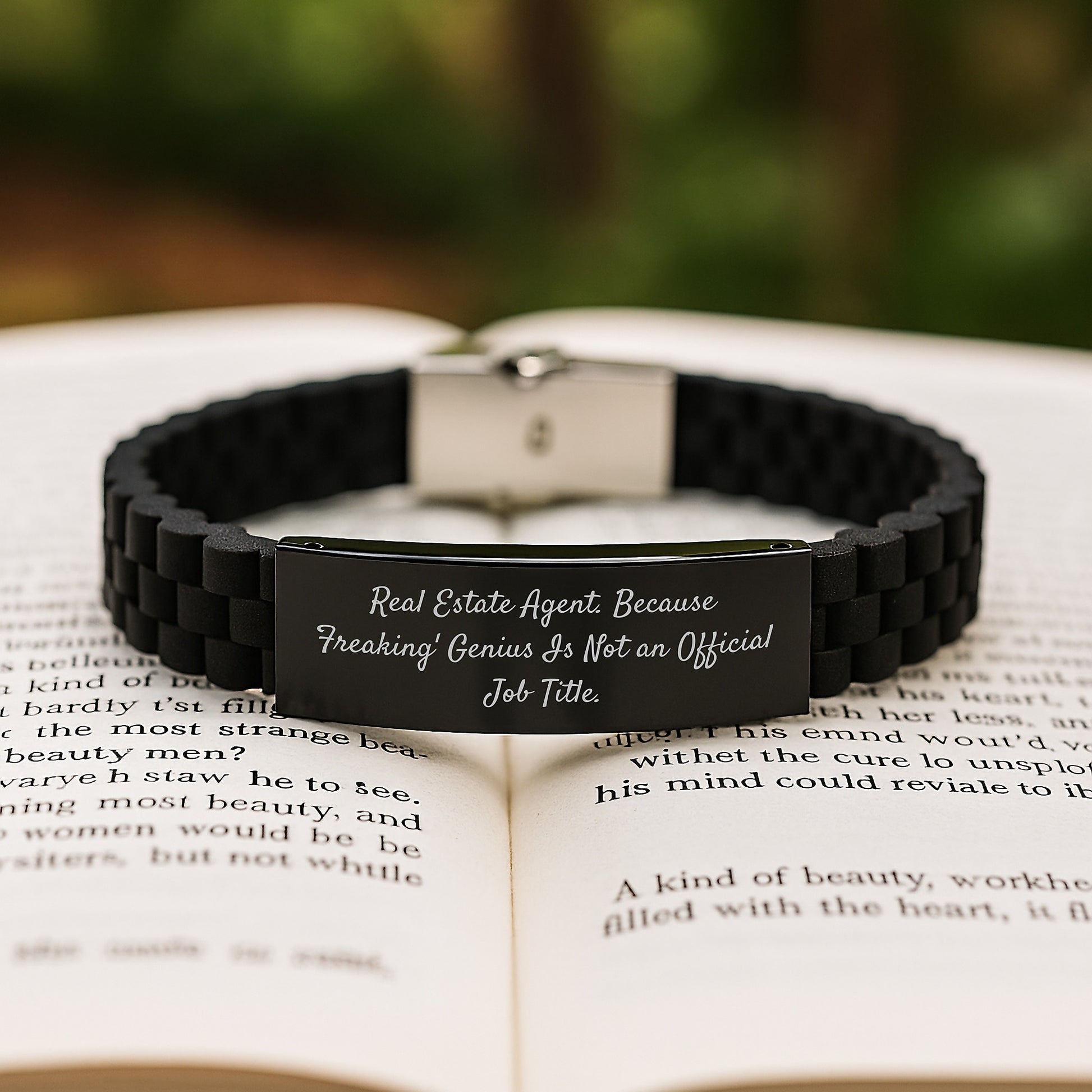Funny Real Estate Agent Gifts for Men - Glide lock Clasp Bracelet with 'Freaking genius' Quote, Adjustable Black Stainless Steel and Silicone, Christmas Unique Gifts from Friends - Image 2