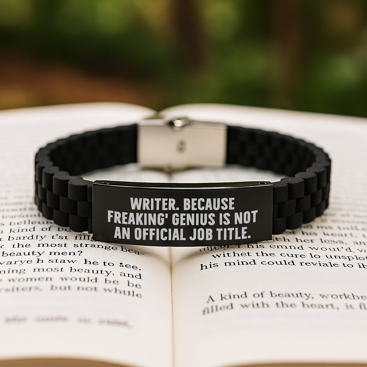 Writer Inspiration, Funny Quote, Valentine's Unique Gifts, Gifts from Men to Women, Glide lock Clasp Bracelet, Adjustable Silver Black Stainless Steel Silicone - Image 2