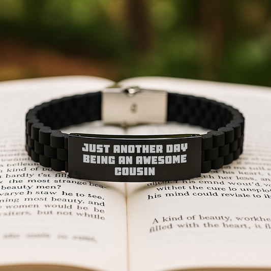 Funny Cousin Gifts for Her, Just Another Day Being An Awesome Cousin Glide lock Clasp Bracelet, Black Stainless Steel - Image 2