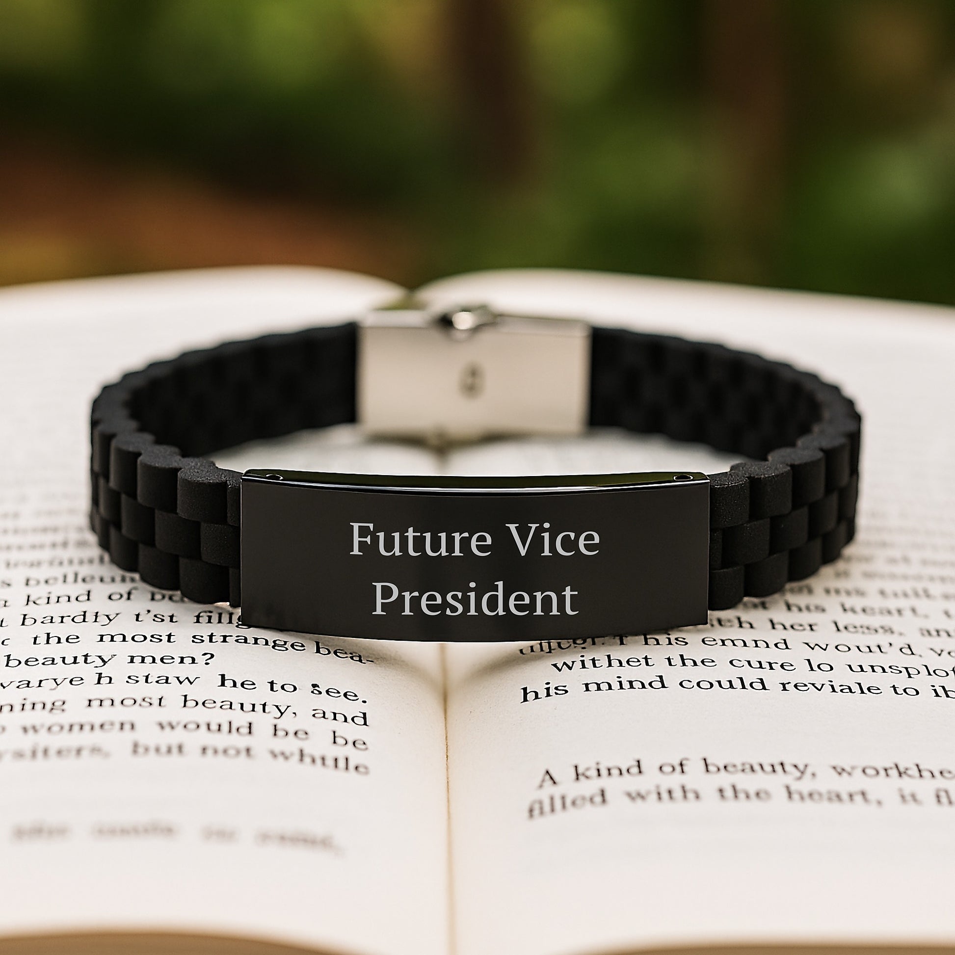 Funny Vice President Gifts from Friends - Glide lock Clasp Birthday Accessory, Quote: 'The Future Vice President is a Leader Who...', Adjustable Black Silicone Stainless Steel - Image 2