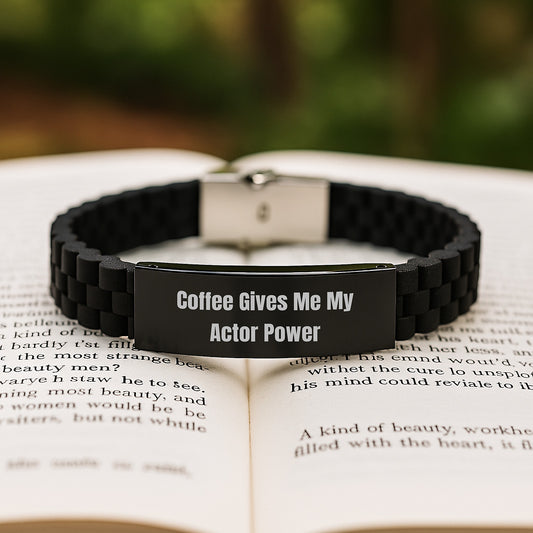 Funny Actor Gifts for Him, 'Coffee Gives Me My Actor Power' Glide lock Clasp Bracelet, Adjustable Silver Black Stainless Steel Silicone Graduation Unique Gifts from Friends - Image 2