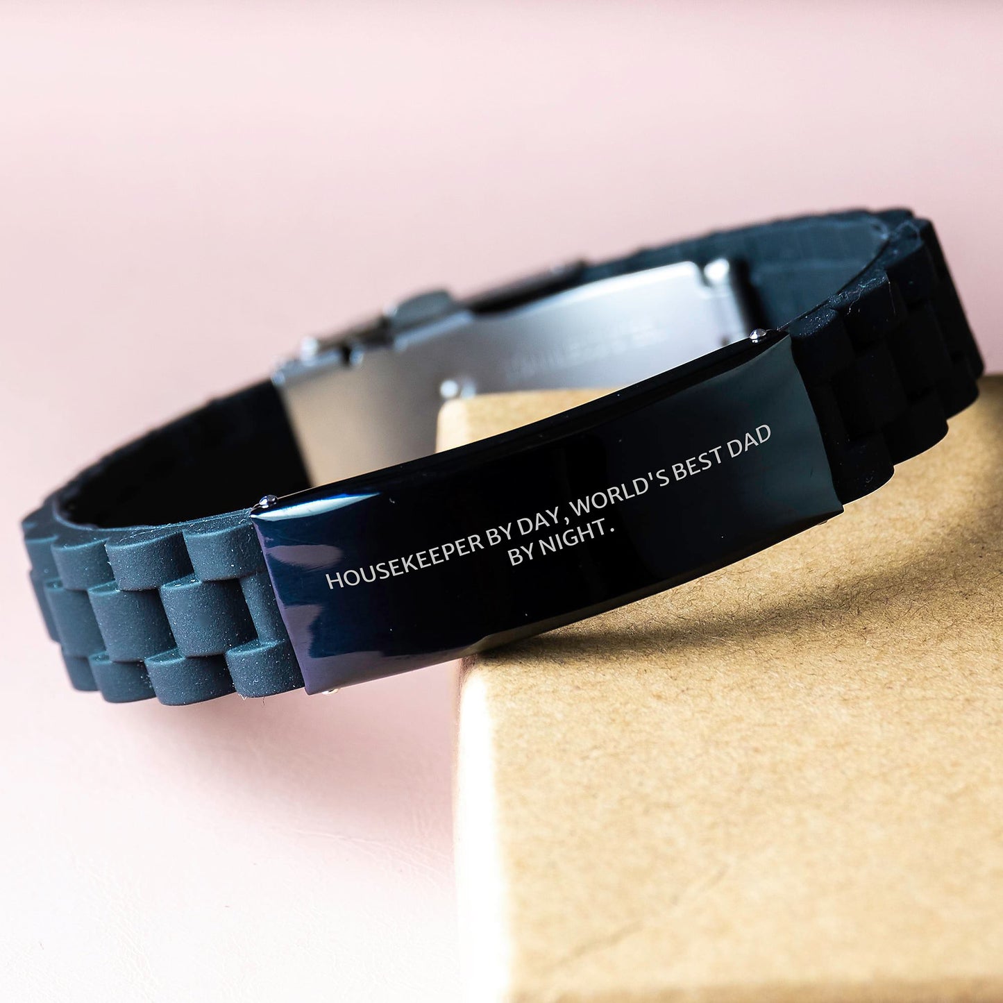 Funny Housekeeper Gifts, Housekeeper By Day, World's Best Dad By Night. - 9.05-inch Glide lock Clasp Adjustable Black Stainless Steel Silicone Bracelet - Gifts from Men for Housekeepers on Birthday - Image 3