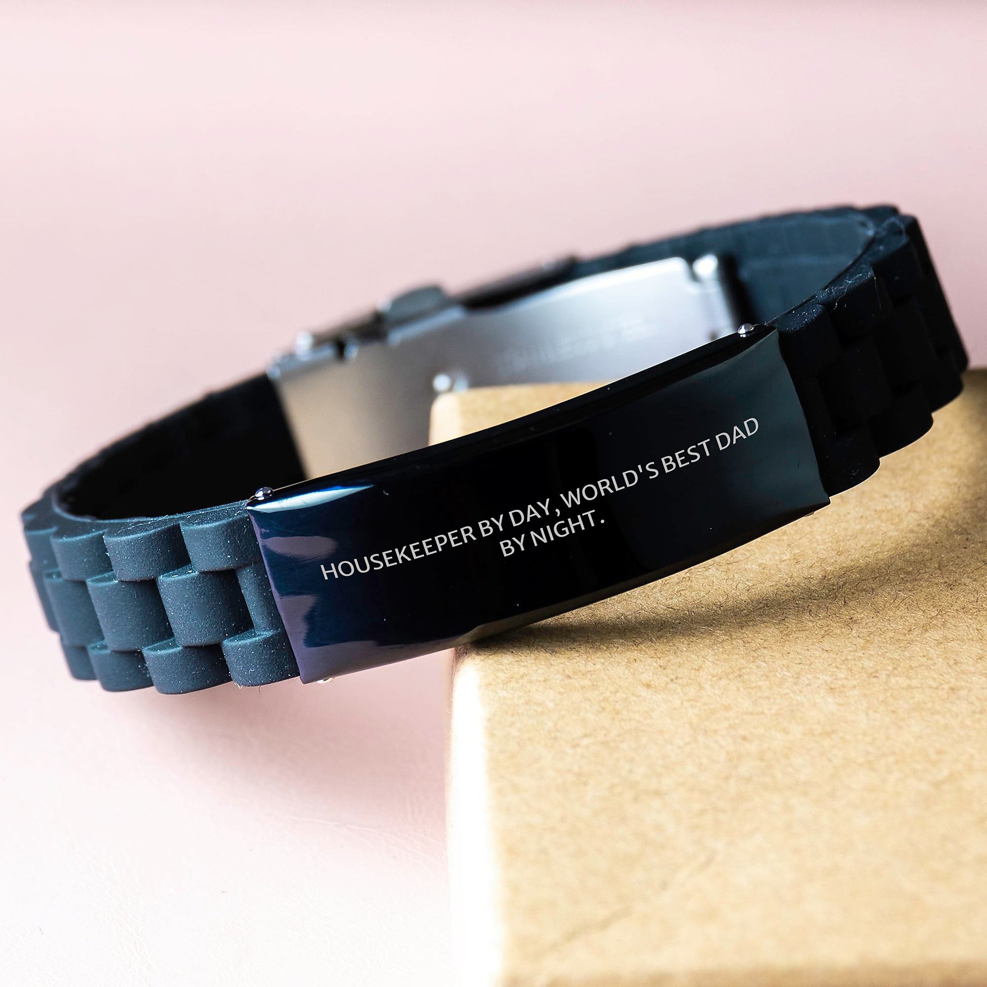 Funny Housekeeper Gifts, Housekeeper By Day, World's Best Dad By Night. - 9.05-inch Glide lock Clasp Adjustable Black Stainless Steel Silicone Bracelet - Gifts from Men for Housekeepers on Birthday - Image 3