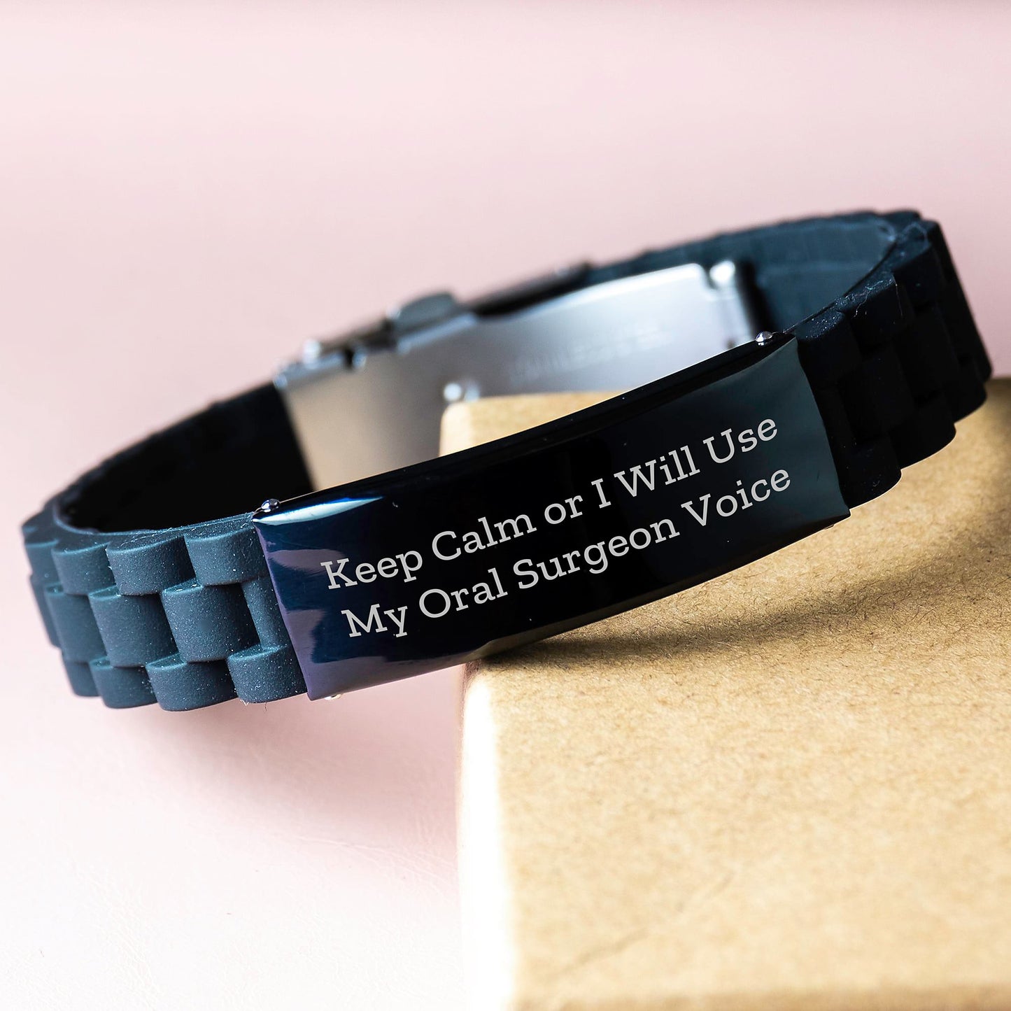 Oral Surgeon Gifts for Graduation, Funny Quote 'Keep Calm Or I Will Use My Oral Surgeon Voice', Adjustable Glide lock Clasp Black Stainless Steel Silicone Bracelet from Friends - Image 3