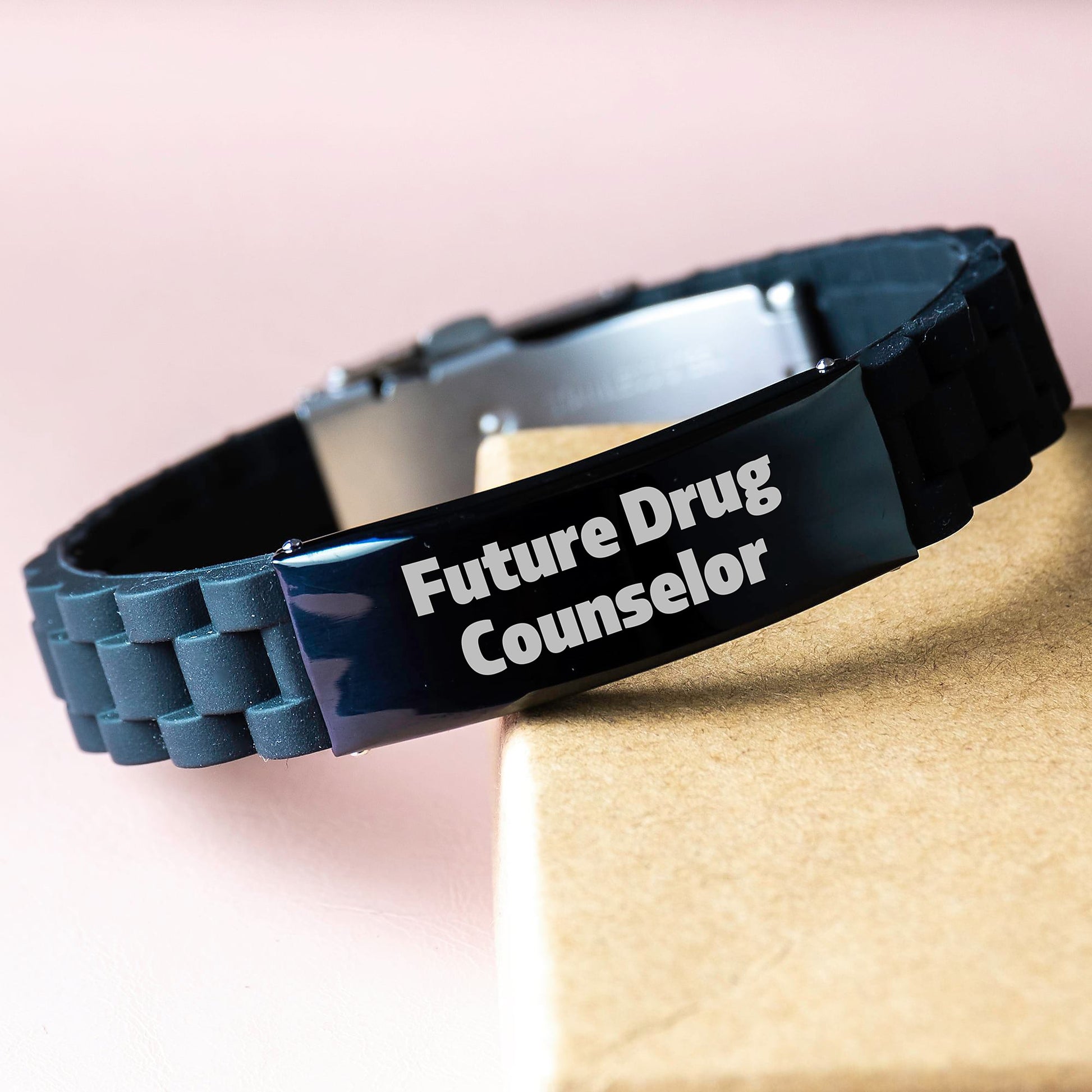 Funny Future Drug Counselor Gift for Him, Inspirational Glide lock Clasp Bracelet, Birthday Unique Gifts from Friends, Men's Silver Black Stainless Steel Silicone Jewelry - Image 3