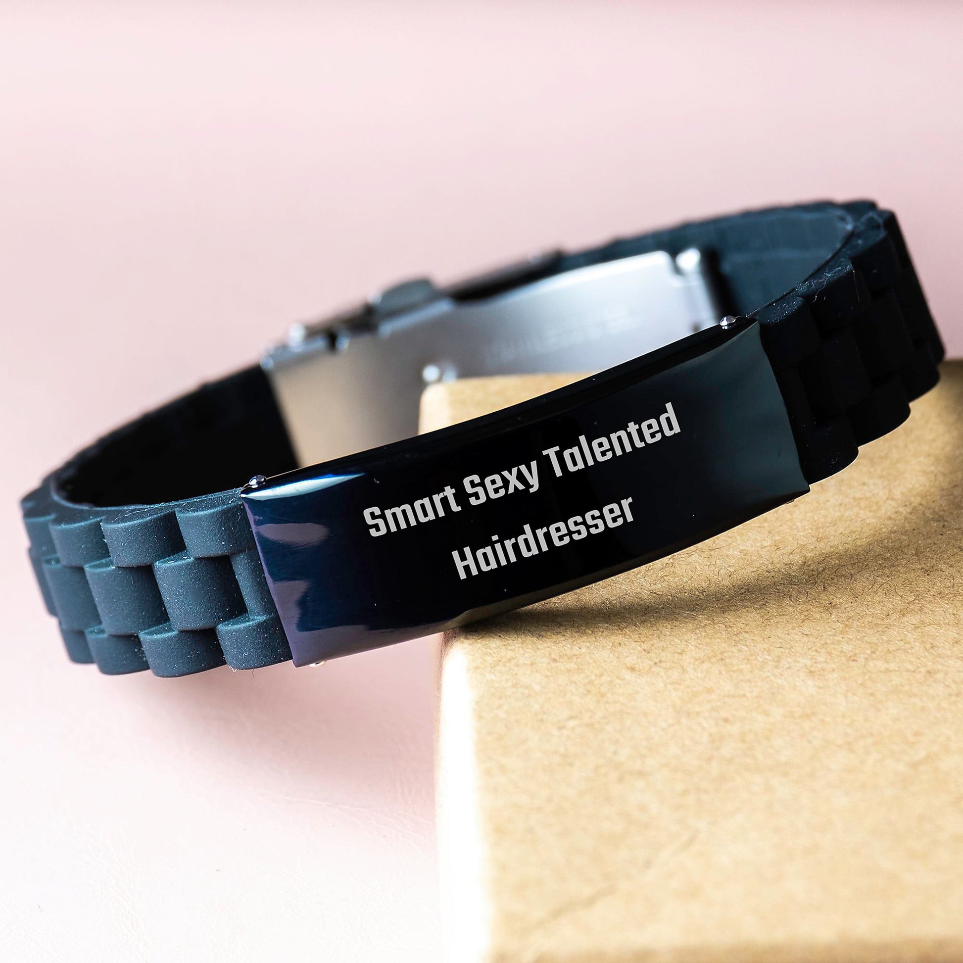 Funny Hairdresser Gifts for Christmas - Inspirational Quote 'Smart Sexy Talented', Glide lock Clasp Bracelet, Adjustable Black Stainless Steel, Silicone - Image 3