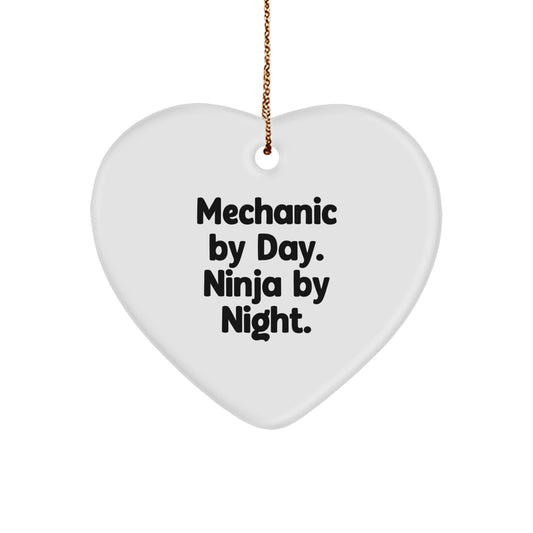 Funny Mechanic Gifts by Day Heart Ornament for Men with Gold Cord, Christmas Unique Decorations from Friends or Family - Image 1