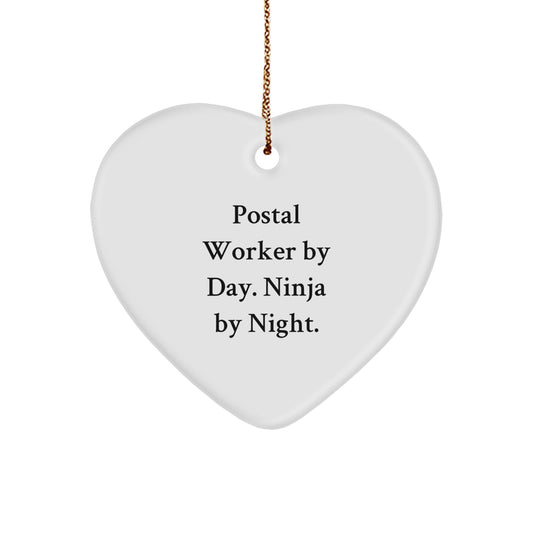 Funny Postal Worker Gifts: 'Postal Worker By Day. Ninja By Night.' Heart Ornament, White, Perfect for Christmas - Image 1