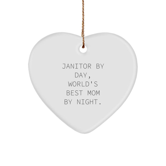 Janitor Gifts for Janitors, Funny Heart Ornament, 'Janitor By Day, World's Best Mom By Night' Quote, Christmas Unique Gifts from Family to Friends - Image 1