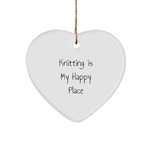 Funny Knitting Gifts from Family for Knitting Lovers - Heart Ornament with Knitting Is My Happy Place Quote, Christmas Unique Decorations - Image 1