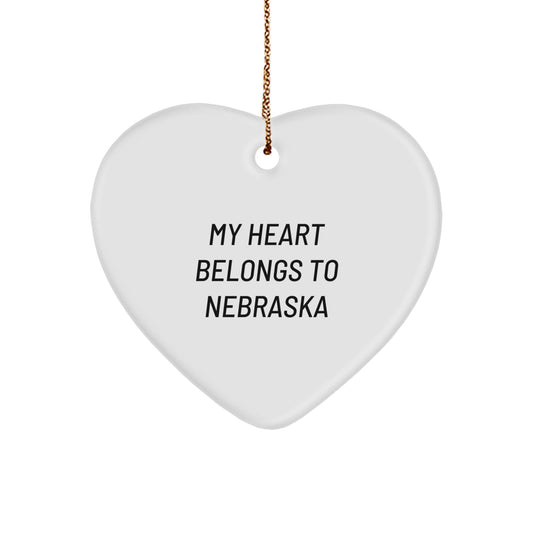 Nebraska Heart Ornament, 'My Heart Belongs To Nebraska', Funny Christmas Unique Gift for Friends, Family, or Coworkers from Nebraska - Image 1