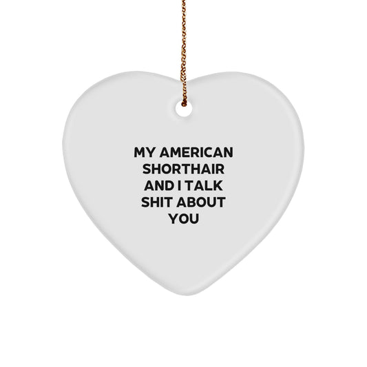 Funny American Shorthair Cat Gifts from Men to Family, 'My American Shorthair And I Talk Shit About You' Heart Ornament for Christmas Unique Presents - Image 1