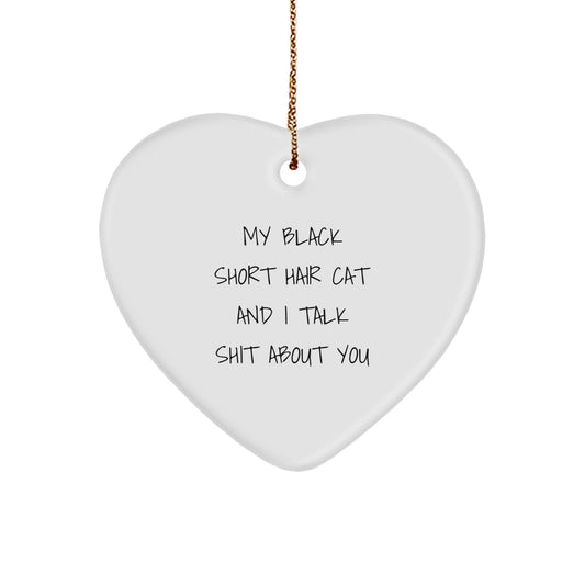 Funny Heart Ornament Gifts for Black Short Hair Cat Lovers from Friends, Family, or Coworkers - 'My Black Short Hair Cat And I Talk Shit About You' Christmas Decorations - Image 1