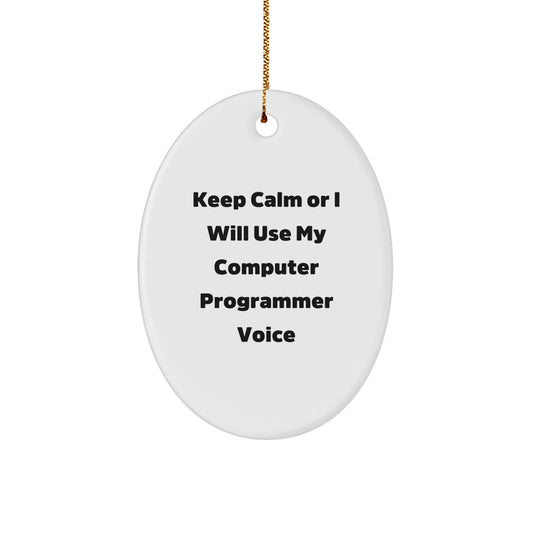 Funny Computer Programmer Oval Ornament Gifts from Friends - 'Keep Calm Or I Will Use My Computer Programmer Voice' for Christmas - Image 1