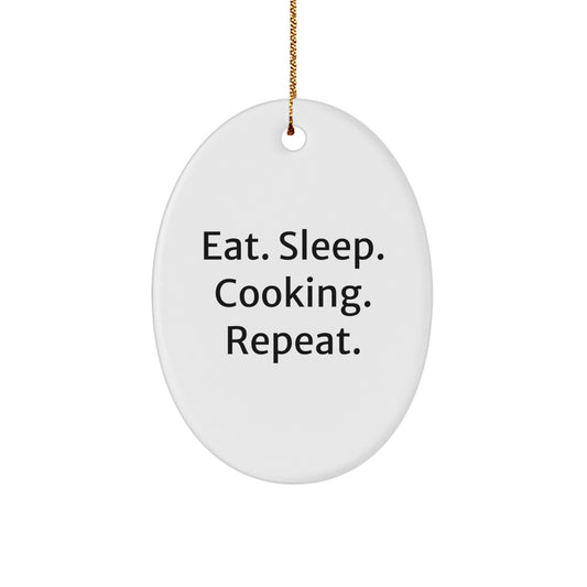 Funny Cooking Oval Ornament Gifts from Friends for Cooking Enthusiast, Eat. Sleep. Cooking. Repeat., Oval Shaped White Christmas Unique Gifts - Image 1