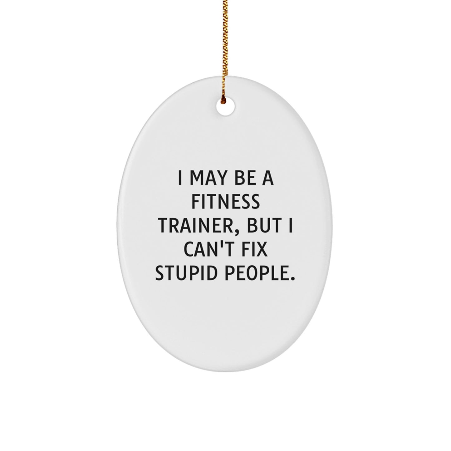 Funny Fitness Trainer Gifts from Men to Friends, Christmas Unique Gifts for Fitness Trainers, Oval Ornament with 'I May Be A Fitness Trainer, But I Can't Fix Stupid People.' - Image 1