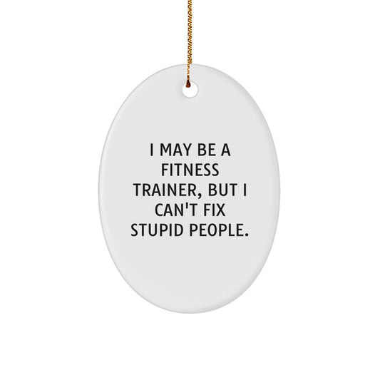 Funny Fitness Trainer Gifts from Men to Friends, Christmas Unique Gifts for Fitness Trainers, Oval Ornament with 'I May Be A Fitness Trainer, But I Can't Fix Stupid People.' - Image 1