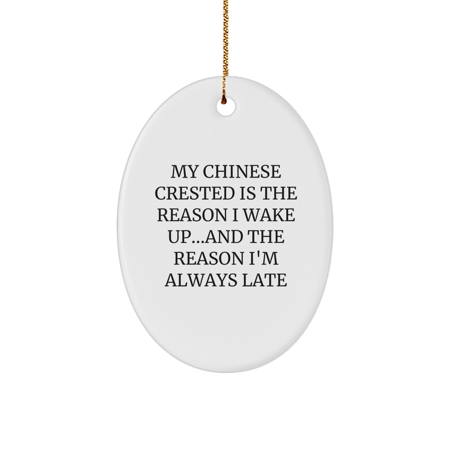Funny Chinese Crested Dog Lover Gifts from Friends Christmas Unique Oval Ornament - My Chinese Crested Is The Reason I Wake Up...and The Reason I'm Always Late - Image 1