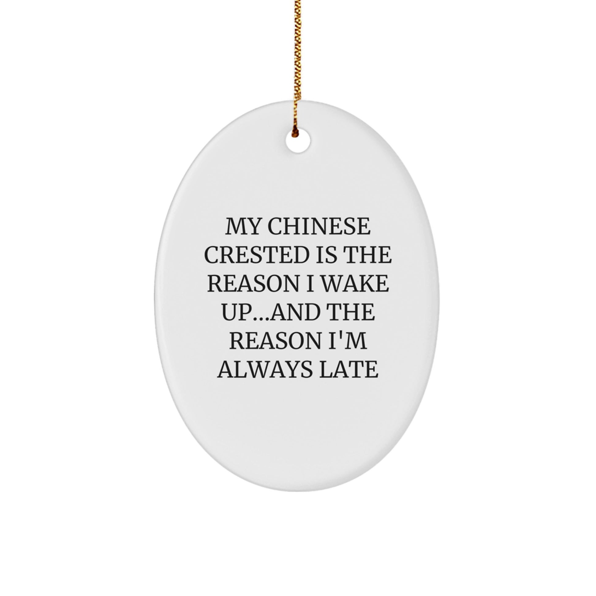 Funny Chinese Crested Dog Lover Gifts from Friends Christmas Unique Oval Ornament - My Chinese Crested Is The Reason I Wake Up...and The Reason I'm Always Late - Image 1