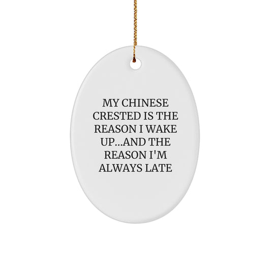 Funny Chinese Crested Dog Lover Gifts from Friends Christmas Unique Oval Ornament - My Chinese Crested Is The Reason I Wake Up...and The Reason I'm Always Late - Image 1