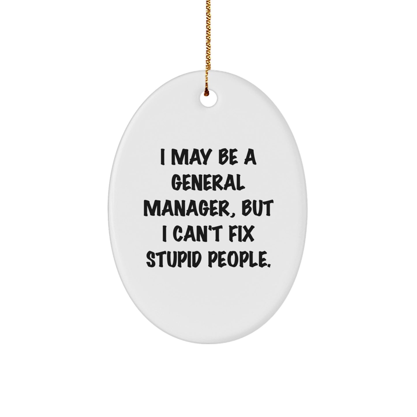 Funny General Manager Oval Ornament Gifts from Men for Coworkers, Friends or Family - 'I May Be A General Manager, But I Can't Fix Stupid People.' - Image 1