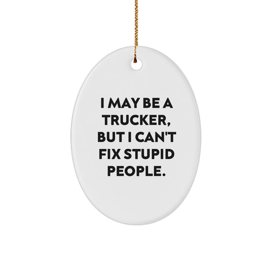 Funny Trucker Gifts for Him, Oval Ornament 'I May Be A Trucker, But I Can't Fix Stupid People.' | Christmas Unique Decor - Image 1