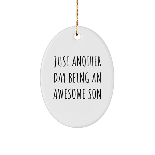 Funny Son Quotes Oval Ornament, Gifts from Family to Awesome Son, Unique Christmas Unique Gifts for Men, Funny Oval Shaped MDF Decor, White Color, Sublimation Printing, Gold Cord - Image 1