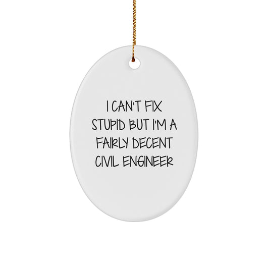 Funny Civil Engineer Gifts from Friends, 'I Can't Fix Stupid But I'm A Fairly Decent Civil Engineer', Christmas Oval Ornament for Civil Engineer - Image 1