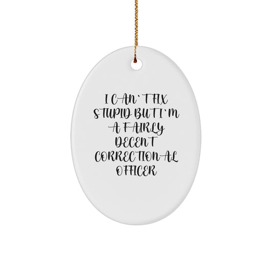 Funny Correctional Officer Gifts from Friends, Unique Oval Ornament I Can't Fix Stupid But I'm A Fairly Decent Correctional Officer, Christmas Decoration for Men, Women, Family, and Coworkers - Image 1