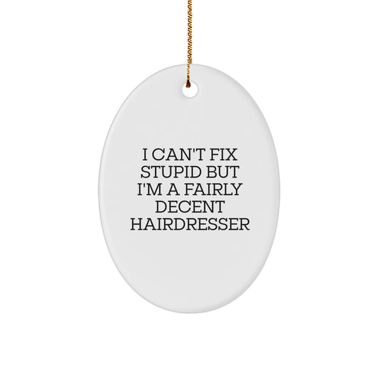 Funny Hairdresser Gifts for Men, Oval Ornament with 'I Can't Fix Stupid' Quote, Christmas Unique Gifts from Friends, Coworkers - Image 1