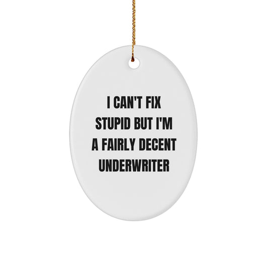 Underwriter Gifts from Friends, 'I Can't Fix Stupid But I'm A Fairly Decent Underwriter' Oval Ornament for Men, Women, Family, Christmas Unique Gifts - Image 1