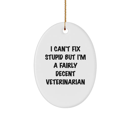 Funny Veterinarian Gifts for Men - I Can't Fix Stupid But I'm A Fairly Decent Veterinarian Oval Ornament, Christmas Unique Presents from Friends to Coworkers - Image 1