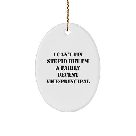 Vice-Principal Humor Oval Ornament, Gifts from Friends for Men, White Oval Shaped, 'I Can't Fix Stupid But I'm A Fairly Decent Vice-principal' Quote, Perfect for Christmas Unique Gifts - Image 1