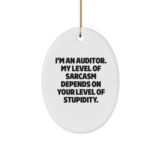Auditor Humor Oval Ornament, Funny Gifts from Friends and Family for Christmas, 'I'm An Auditor. My Level Of Sarcasm Depends On Your Level Of Stupidity.' - Image 1
