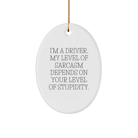 Funny Driver Gifts - I'm A Driver Oval Ornament, White, Oval Shaped, 'I'm A Driver. My Level Of Sarcasm Depends On Your Level Of Stupidity.' - Gifts from Friends and Family - Image 1