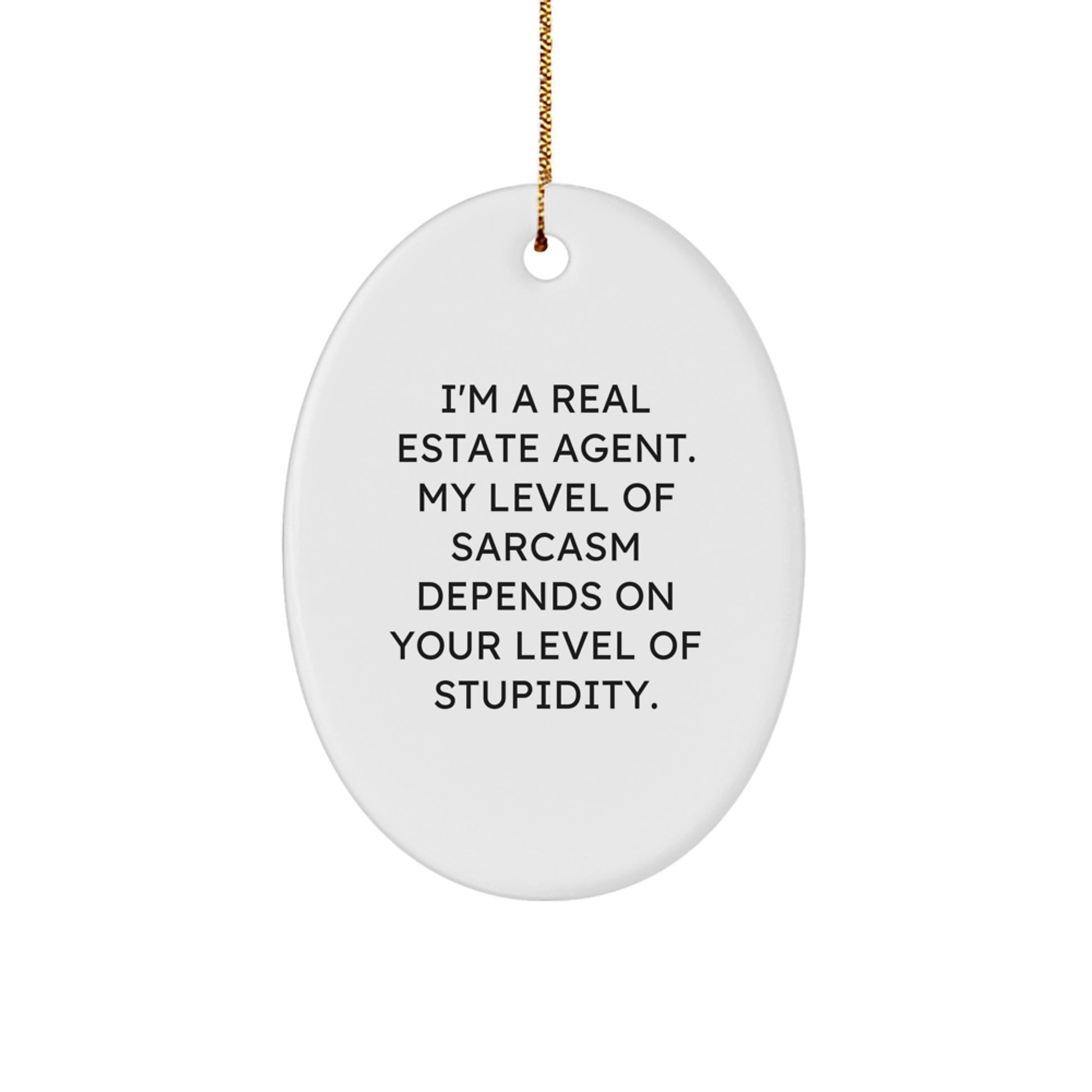 Funny Real Estate Agent Gifts from Friends, Christmas Unique Oval Ornament with Sarcasm Quote, 'I'm A Real Estate Agent. My Level Of Sarcasm Depends On Your Level Of Stupidity.' for Real Estate Agent - Image 1