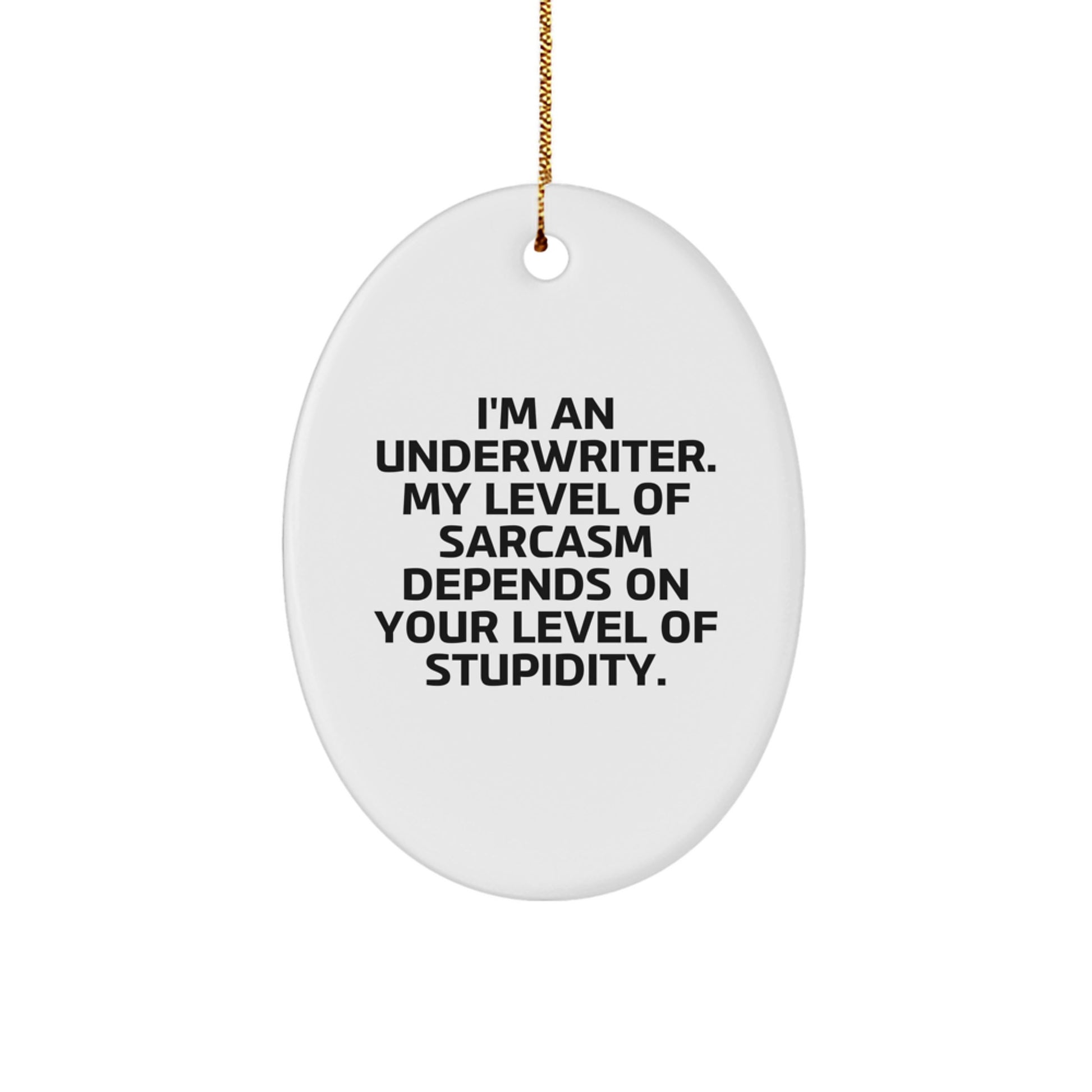 Underwriter Oval Ornament Gifts from Friends, Family or Coworkers - I'm An Underwriter. My Level Of Sarcasm Depends On Your Level Of Stupidity. - Funny Christmas Ornament for Underwriter - Image 1