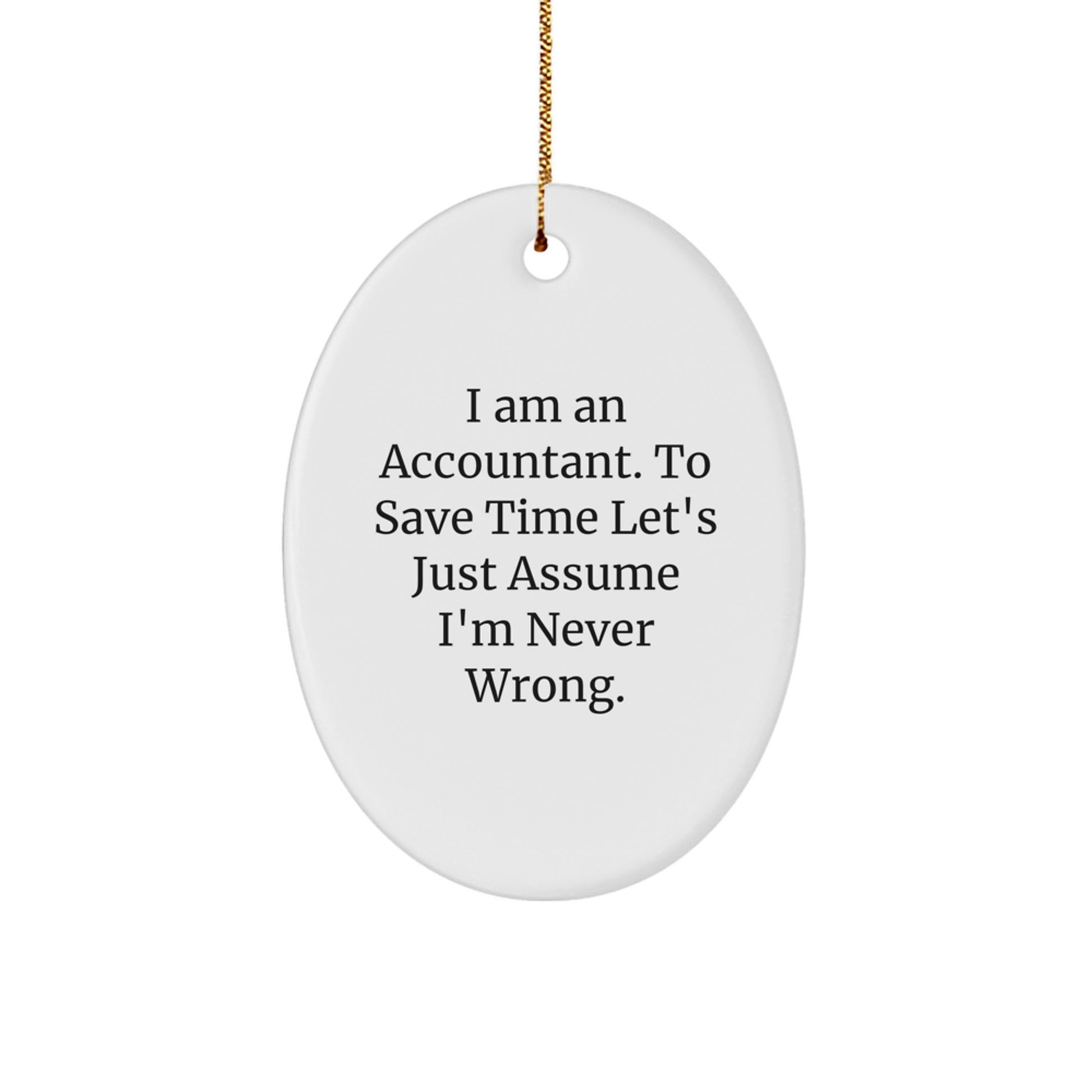 Funny Accountant Oval Ornament Gift for Men Family Friends Coworkers, I Am An Accountant To Save Time Let's Just Assume I'm Never Wrong Christmas Unique Gifts, White Oval Shaped Decorations - Image 1