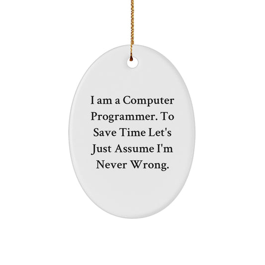 Computer Programmer Oval Ornament Gifts from Friends, Funny Quote, White Oval Shape, Christmas Unique Gifts for Men, 3.25'' Tall, Durable MDF with High-Gloss Finish, Perfect for Coworkers or Family - Image 1