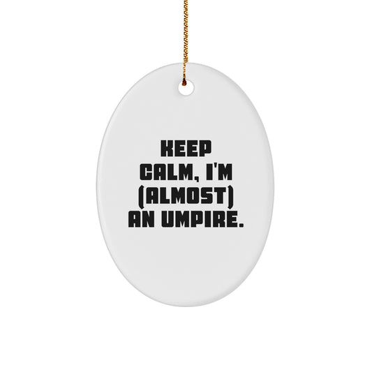 Funny Umpire Gifts for Sports Lovers - Keep Calm, I'm (almost) An Umpire., Oval Ornament, Umpire Humor Christmas Unique Gifts from Friends and Family, Durable MDF Construction - Image 1