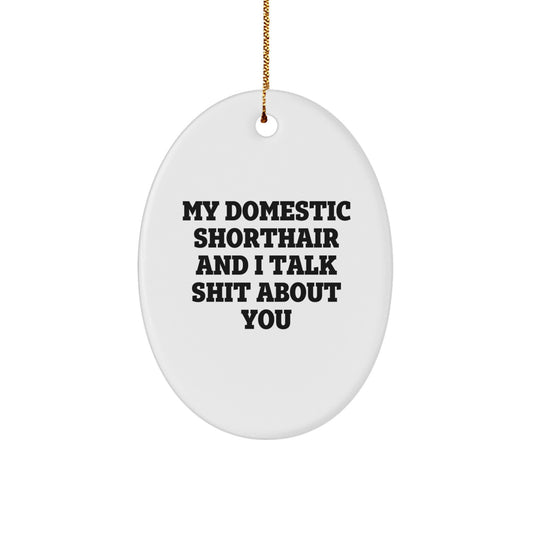 Funny Gifts from Men to Domestic Shorthair Cat Owners for Christmas, Oval Ornament, 'My Domestic Shorthair And I Talk Shit About You' - Image 1