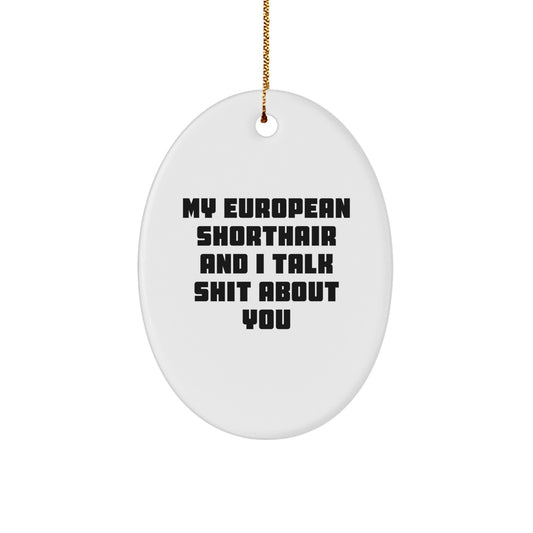 Funny European Shorthair Cat Gifts for Women, Oval Ornament with My European Shorthair And I Talk Shit About You Quote, Christmas Unique Gifts from Friends - Image 1