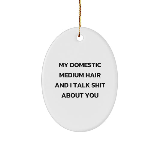 Domestic Medium Hair Lover Gifts - Funny Oval Ornament, Unique Christmas Decor for Home, Friends, Family - 'My Domestic Medium Hair And I Talk Shit About You' Quote - Image 1
