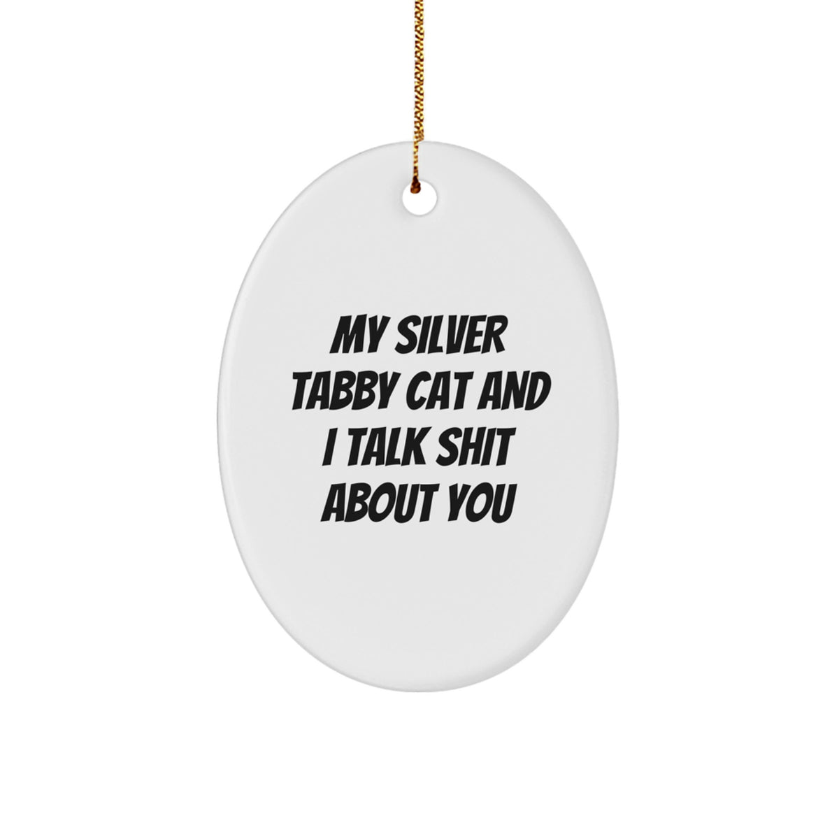 Silver Tabby Cat Oval Ornament for Him Keepsake Gift Talk Shit About You - Image 1