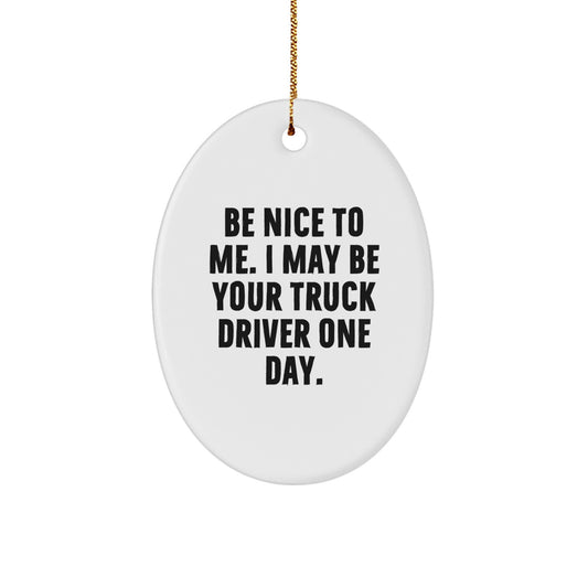 Funny Truck Driver Oval Ornament Gifts from Friends, Christmas Unique Gifts for Truck Drivers, Be Nice To Me. - Image 1