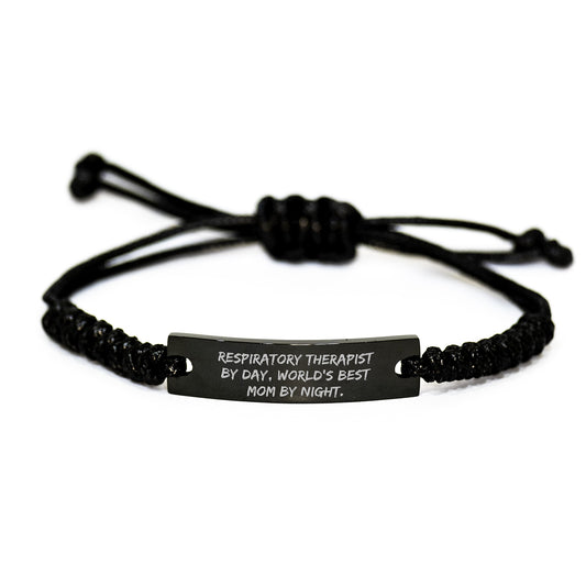 Respiratory Therapist Gifts from Women, World's Best Mom By Night, Rope Bracelet for Birthday - Inspirational Quote, Adjustable Black Stainless Steel with Interlaced Rope - Image 1