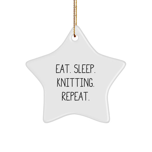 Knitting Gifts for Friends - Eat. Sleep. Knitting. Repeat. - White Star Ornament, Handcrafted for Christmas - Image 1